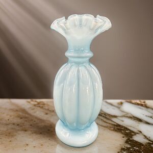 Vintage Fenton Glass Melon Ruffled Melon Vase 8.5" Blue Overlay